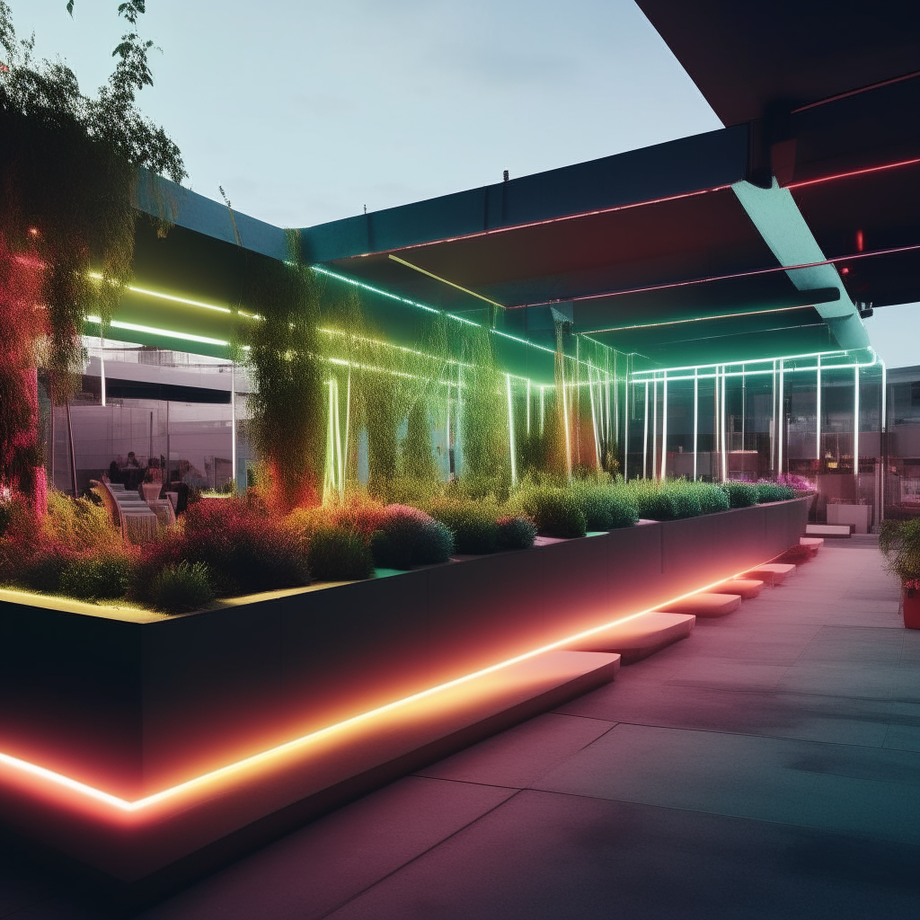 A modern open-air club space on a sunny afternoon. Colored lights are strung above, giving the large concrete area a pulsing glow. Planters and landscaping dot the open area, which has no other visible structures. The high-contrast scene has a sleek, futuristic vibe.