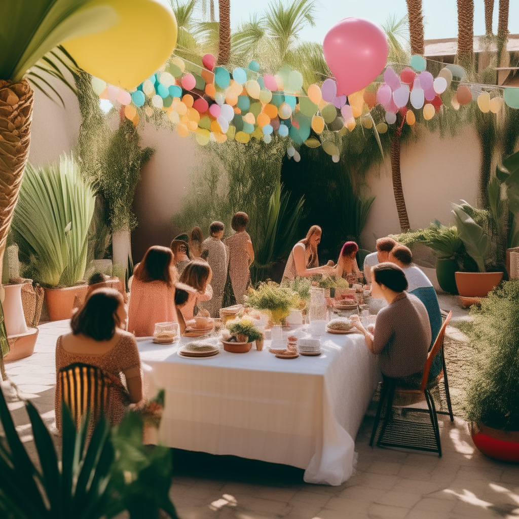 An outdoor patio on a sunny afternoon filled with party decorations. Balloons and string lights are strung above a table covered in a colorful cloth and laden with food and drinks. Party guests mingle and chat with drinks in hand. Palm trees and potted plants provide greenery.