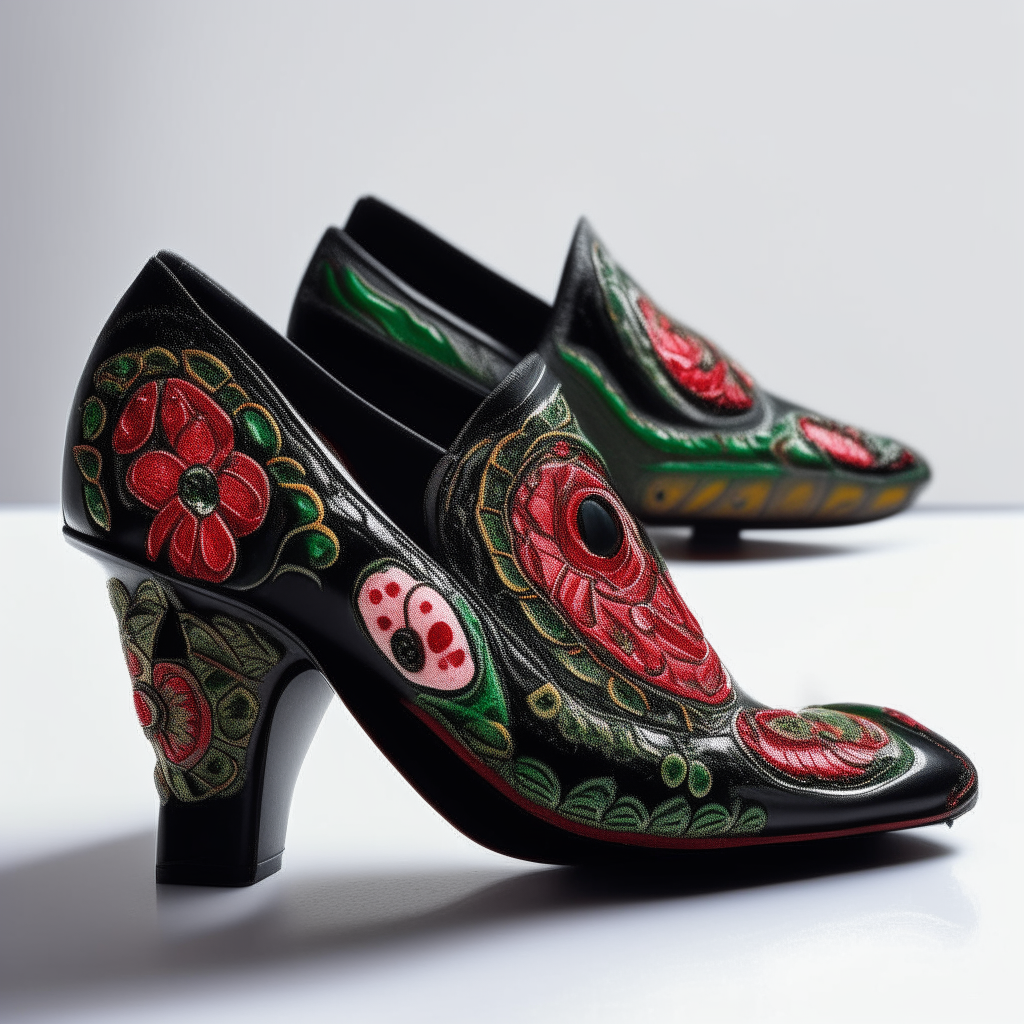 a black crocodile skin shoe with intricate Mexican embroidery across the toe and sides, red and green thread in floral patterns on a white background photorealistic product shot of the shoe on a white surface, captured with a Canon 5D Mark IV camera using a macro lens