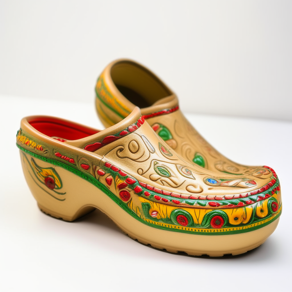 a Crocs classic clog shoe, tan color, with intricate Mexican embroidery along the seams in red, green and yellow thread photorealistic product shot of the shoe on a white surface, captured with a Canon 5D Mark IV camera using a macro lens