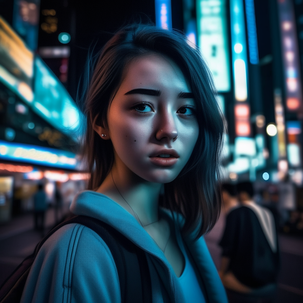 A beautiful 22-year-old woman in Shinjuku, Tokyo at night, with the highest image quality, high definition, light blue casual, neon, photorealistic, art station poster, volume lighting, 12K, darkness, deep shadow, low key, cowboy shot, gray colored hair, perfect face, symmetrical dimples, amazing eyes, shockingly realistic photo, 3D rendering, octane rendering, delicate details, movie, art station trend, isometric, exaggerated and realistic central cover photo, amazing full color, hand draw, darkness, muse, Klimt, high definition, neoprene, portrait, stylish digital art, ultra high definition, unreal engine 5, very sharp focus, great art piece, tenebrism