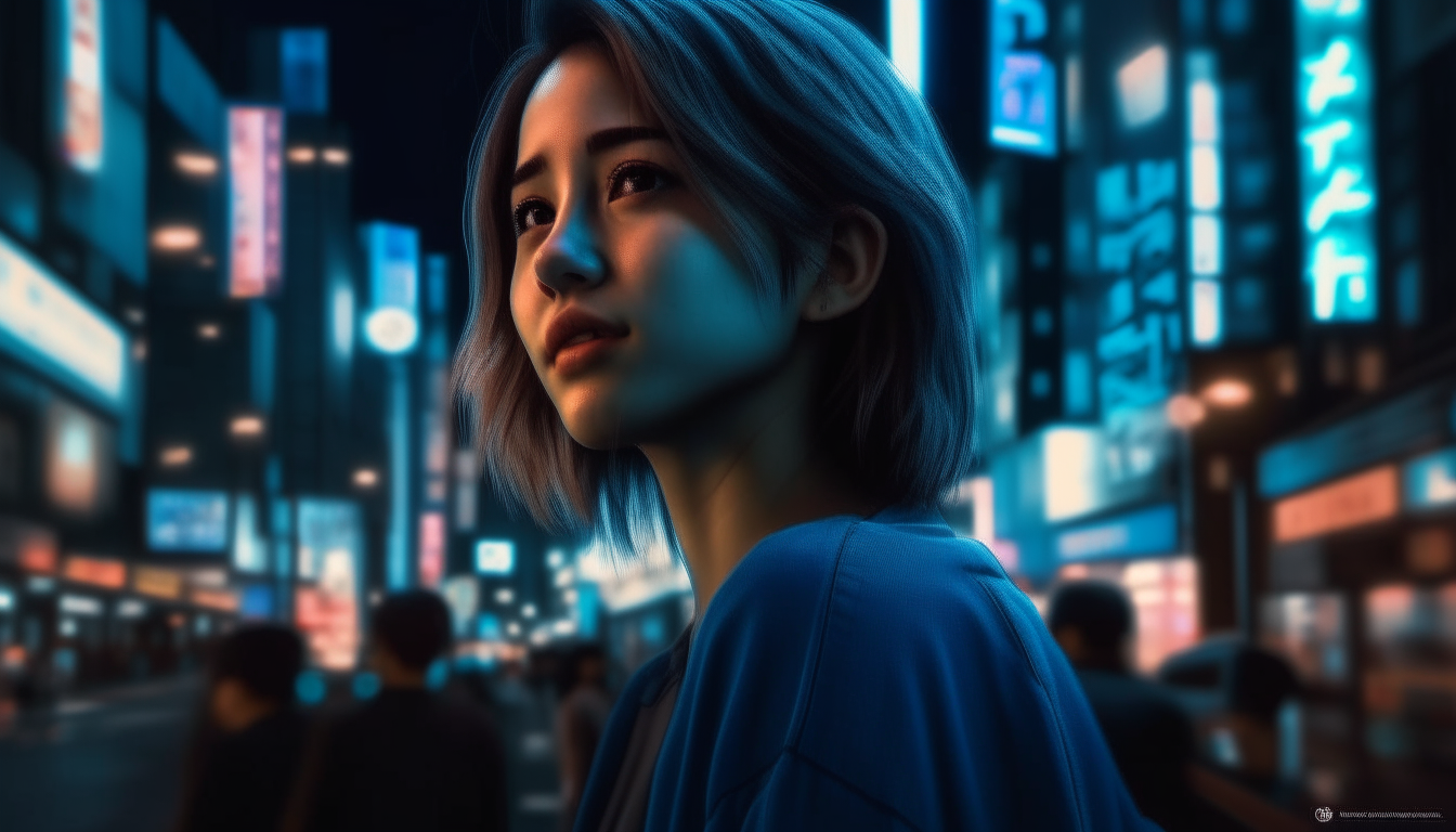 A beautiful 22-year-old woman in Shinjuku, Tokyo at night, with the highest image quality, high definition, light blue casual, neon, photorealistic, art station poster, volume lighting, 16:9 aspect ratio