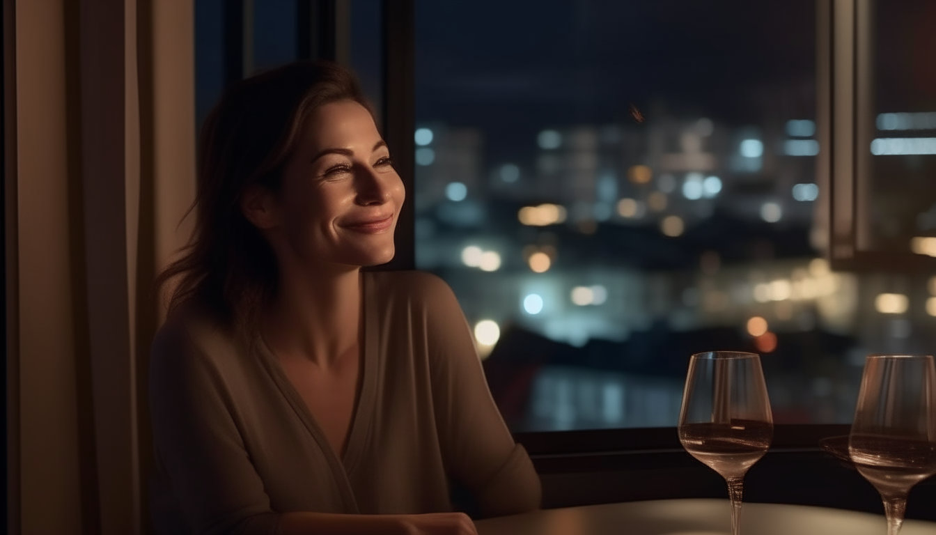 A slim, beautiful 38-year-old woman with brown hair, sitting at a table in a restaurant with a wine glass, smiling happily while gazing out at the extremely detailed beautiful city nightscape outside the window, 16:9 aspect ratio