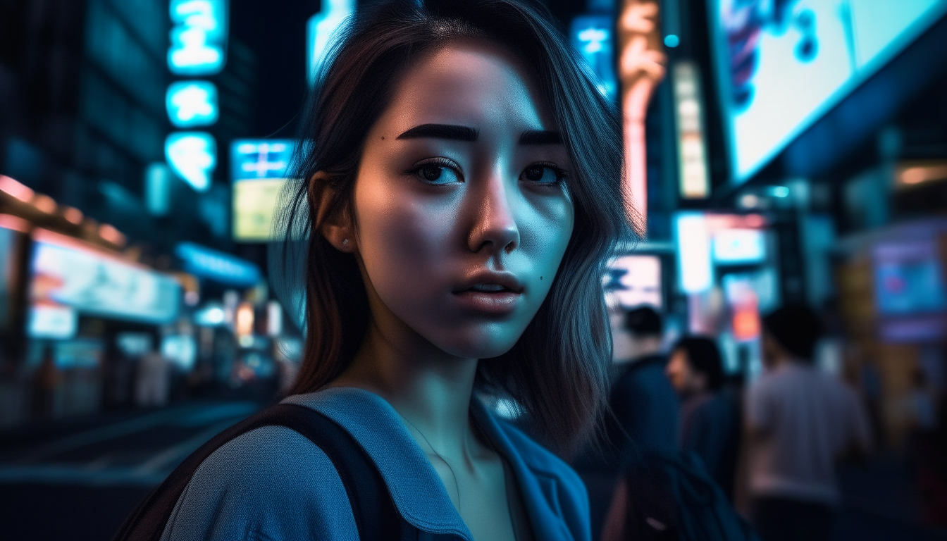 A beautiful 22-year-old woman in Shinjuku, Tokyo at night, with the highest image quality, high definition, light blue casual, neon, photorealistic, art station poster, volume lighting, 12K, darkness, deep shadow, low key, cowboy shot, gray colored hair, perfect face, symmetrical dimples, amazing eyes, shockingly realistic photo, 3D rendering, octane rendering, delicate details, movie, art station trend, isometric, exaggerated and realistic central cover photo, amazing full color, hand draw, darkness, muse, Klimt, high definition, neoprene, portrait, stylish digital art, ultra high definition, unreal engine 5, very sharp focus, great art piece, tenebrism, 16:9 aspect ratio