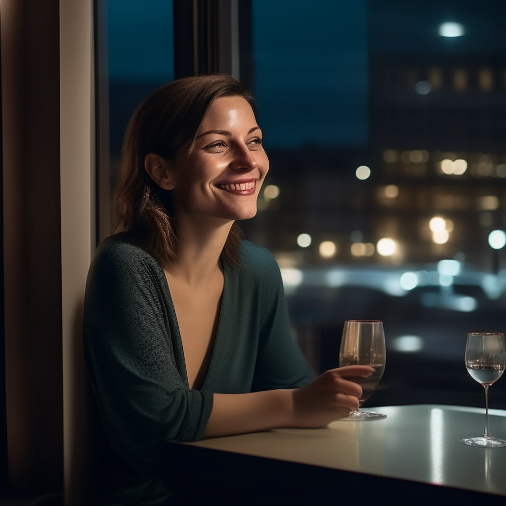 A slim, beautiful 38-year-old woman with brown hair, sitting at a table in a restaurant with a wine glass, smiling happily while gazing out at the extremely detailed beautiful city nightscape outside the window