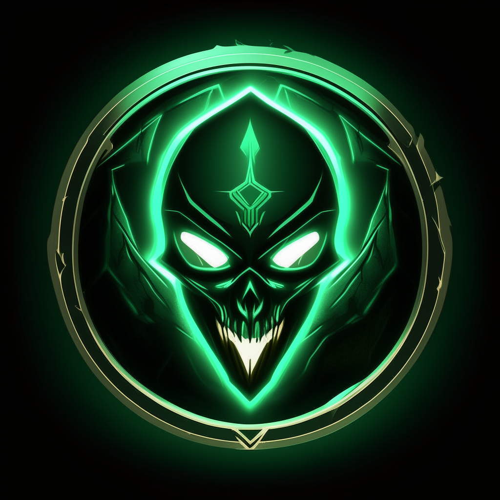 A dark green metallic guild logo with a face at the center. The face has glowing eyes and a mouth covering with the name 'Anonymus' written below in 8k digital art style.