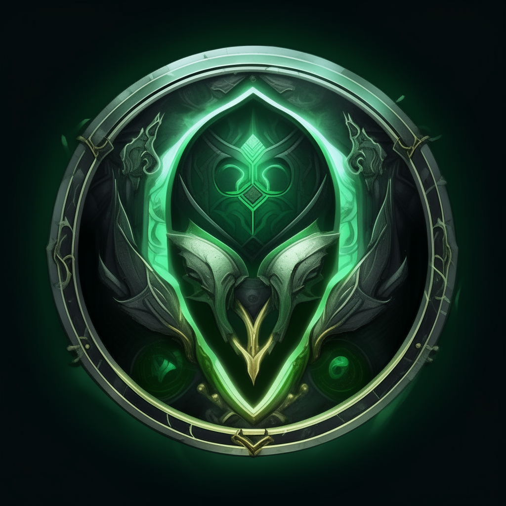 The dark green metallic guild logo with a face at the center, now rendered in the vivid fantasy art style of World of Warcraft