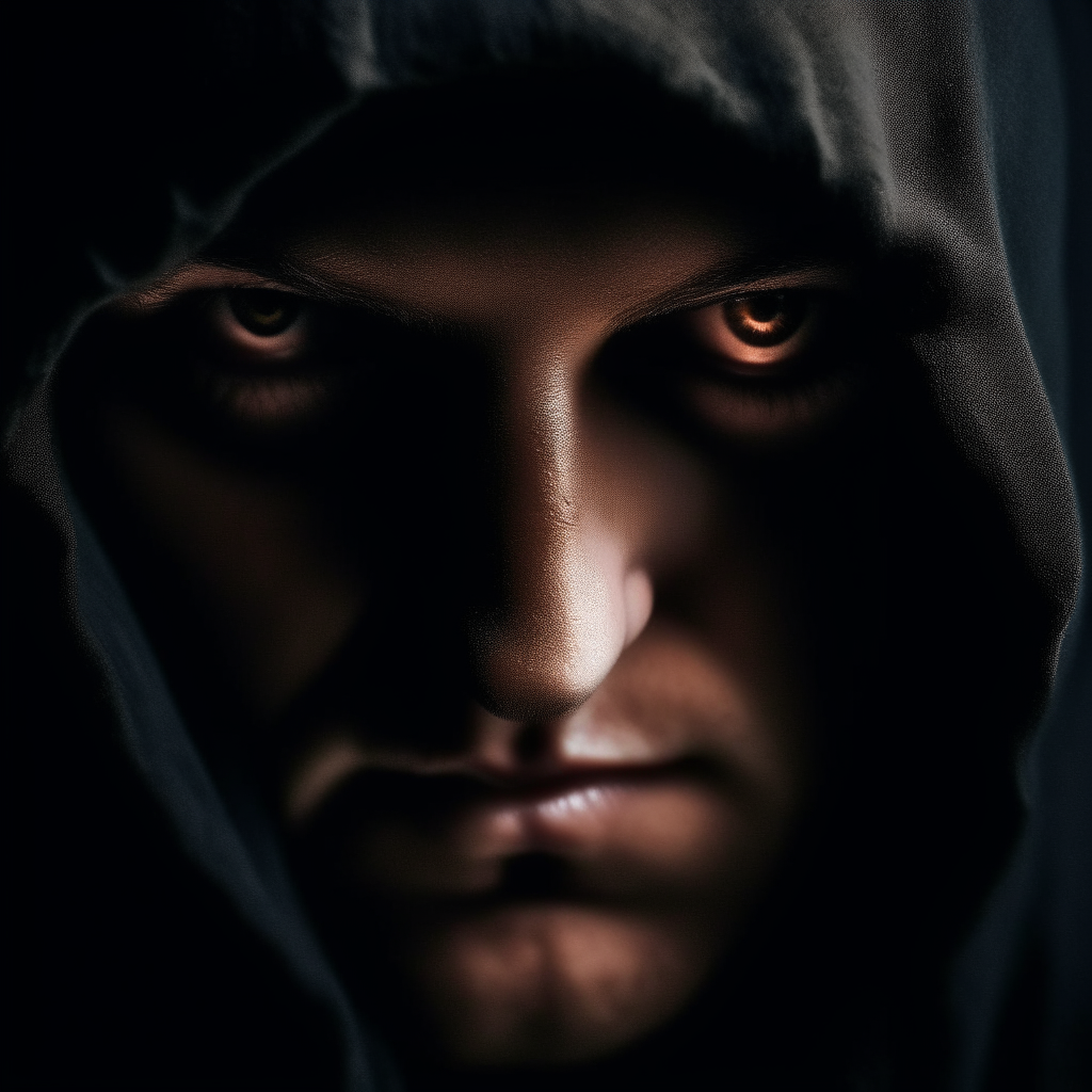 A close-up portrait of a face wearing a dark hood. Glowing eyes are visible within the shadow of the hood. A mouth covering obscures the lower face.