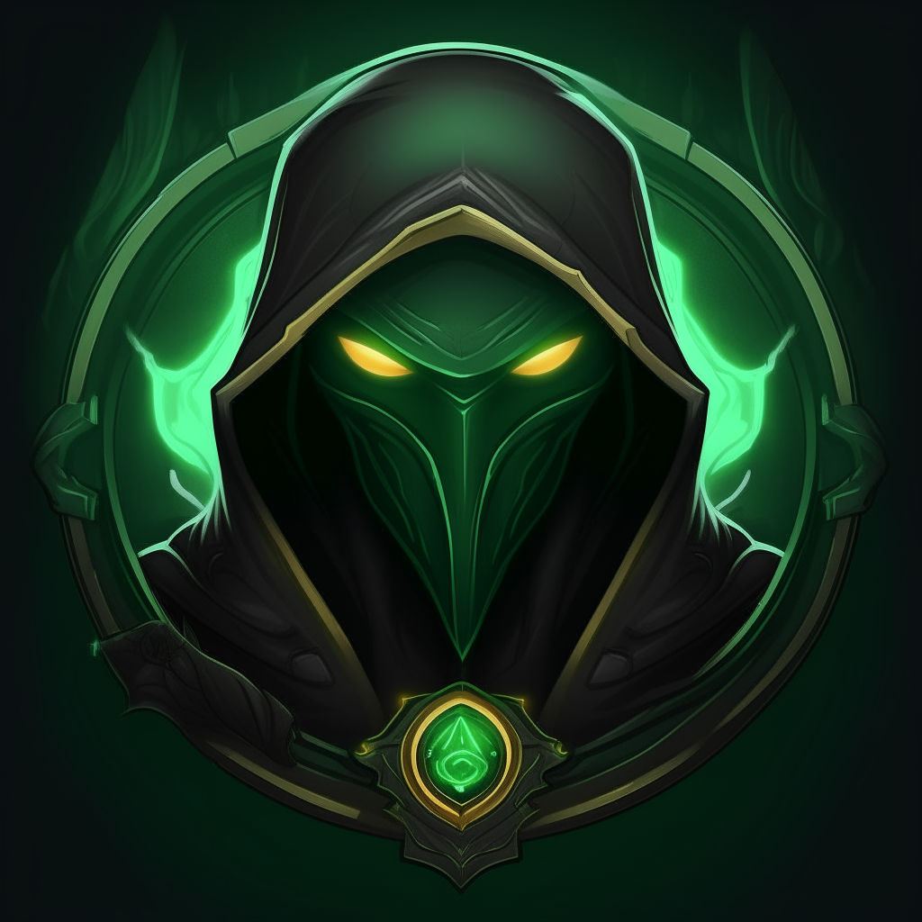 A dark green and black metallic guild logo in the style of World of Warcraft. At the center is a hooded face with glowing eyes peering out, the mouth covered. The logo is rendered in 8K digital art quality.