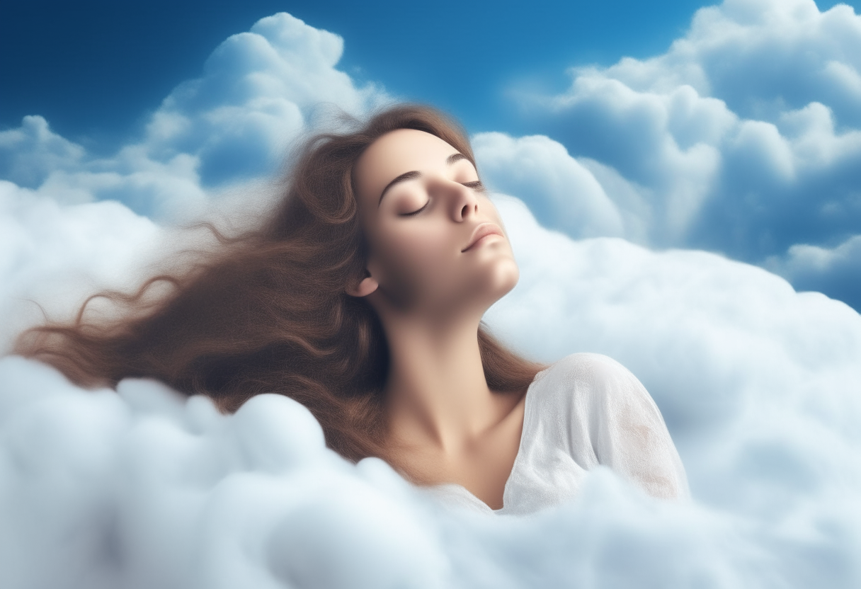 a beautiful young woman sleeping peacefully on a fluffy white cloud, her long hair flows in the wind, the sky is bright blue with puffy clouds