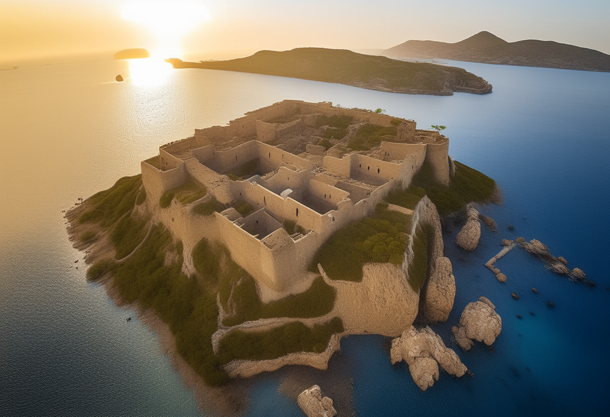 Aerial view of the ancient Mycenaean fortress of the Lestrygon Giants perched high on rocky cliffs above the Gulf of Gaeta. Massive stone walls and towers stand vigil over the azure waters and green hills below in the style of the Palace of Knossos. The setting sun casts a warm glow, bringing the formidable stronghold to life. Canon 5D Mark IV, 70-200mm lens