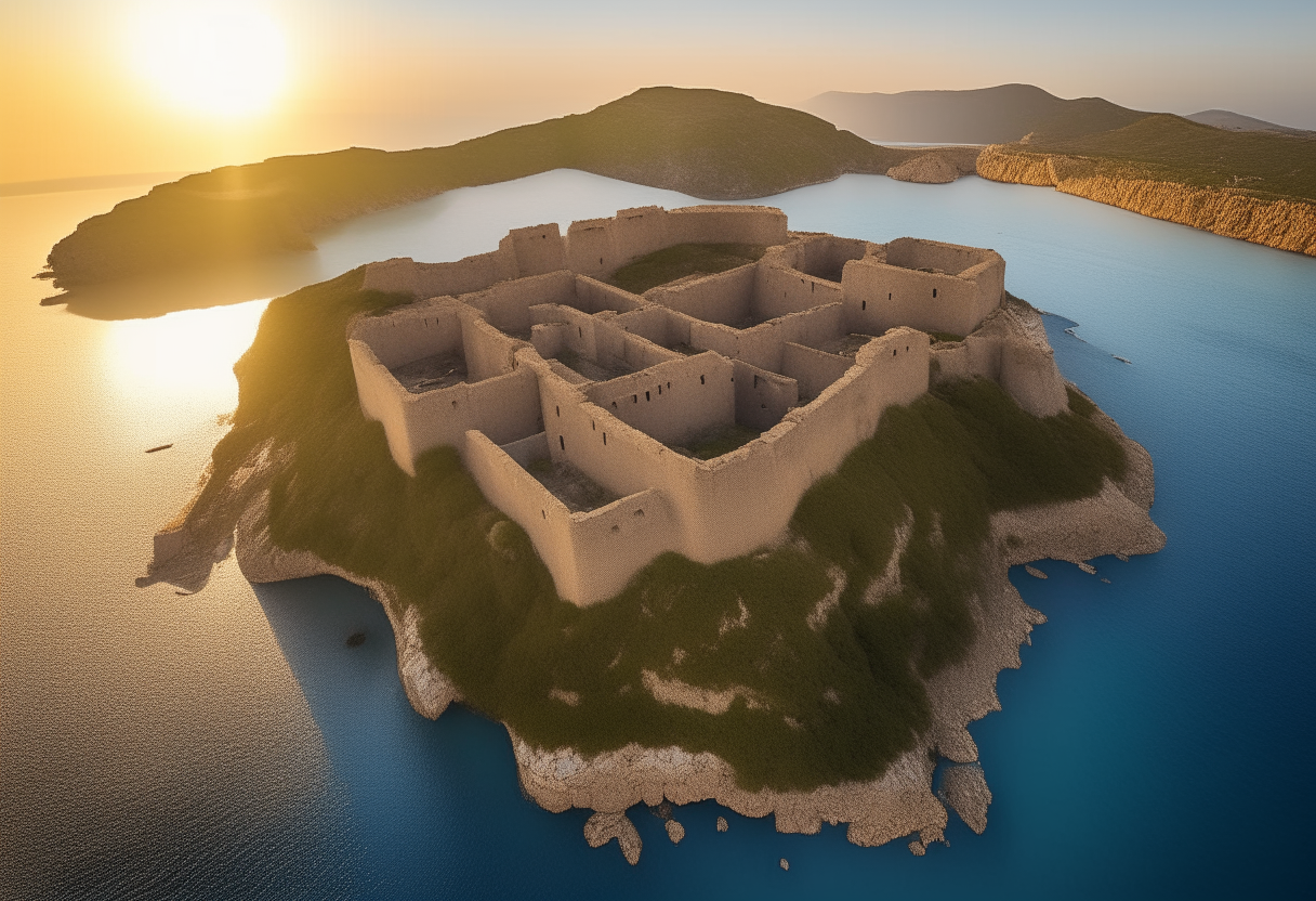 Aerial view of the ancient Mycenaean fortress of the Lestrygon Giants perched high on rocky cliffs above the Gulf of Gaeta. Massive stone walls and towers stand vigil over the azure waters and green hills below in the style of the Palace of Knossos. The setting sun casts a warm glow, bringing the formidable stronghold to life. Canon 5D Mark IV, 70-200mm lens