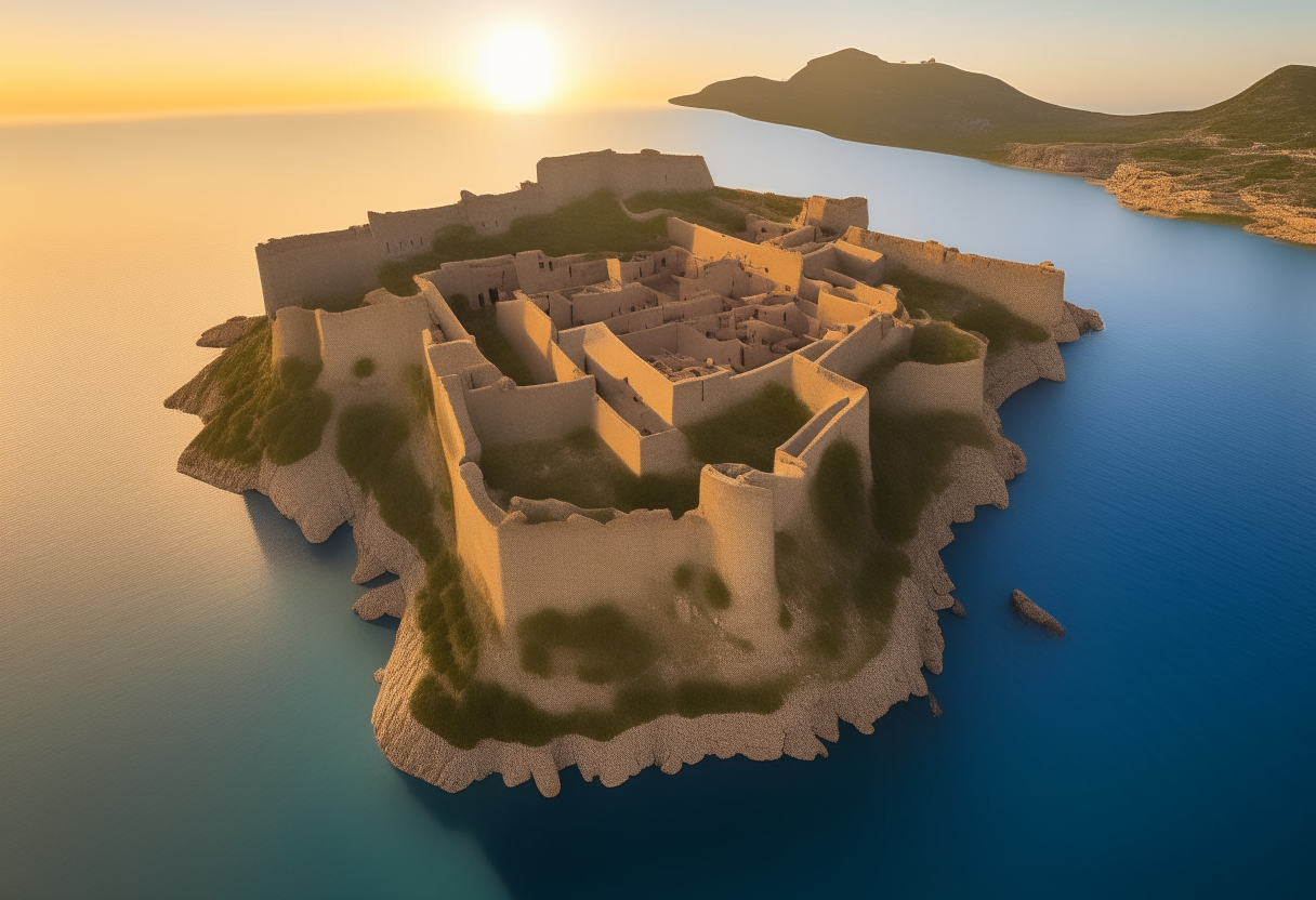 Aerial view of the ancient Mycenaean stronghold perched high on rocky cliffs above the Gulf of Gaeta, seen from Formia in the style of the Palace of Knossos. Massive stone walls and towers stand guard over the azure waters and green hills below. The setting sun casts a warm glow, bringing the formidable fortress to life. Canon 5D Mark IV, 70-200mm lens