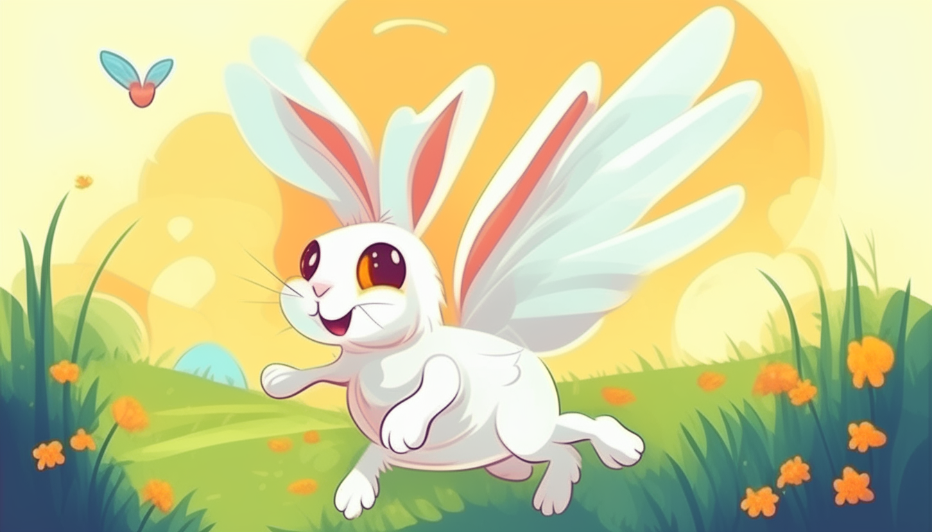 winged rabbit with wings flying over a meadow, cartoon art style