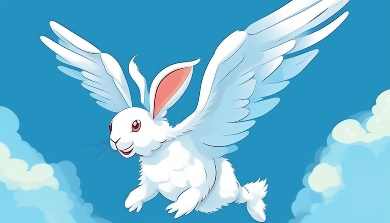 winged rabbit with wings flying through a blue sky, cartoon art style