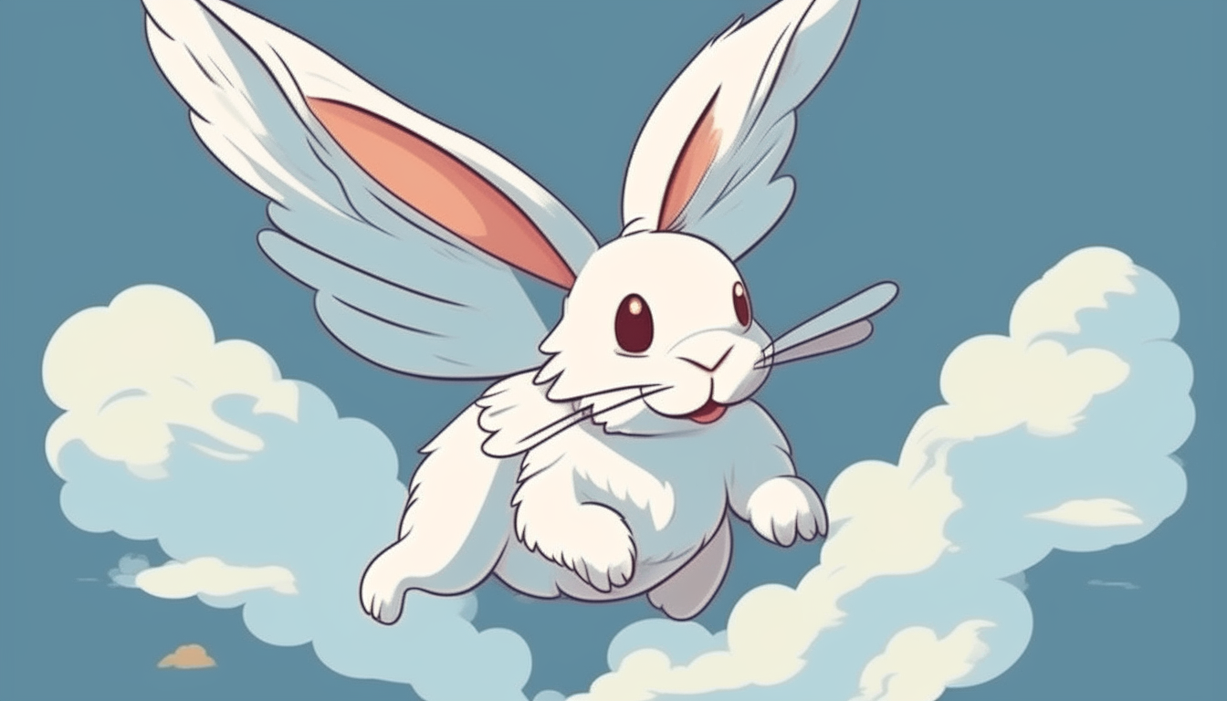 winged rabbit with wings soaring through the clouds, cartoon art style