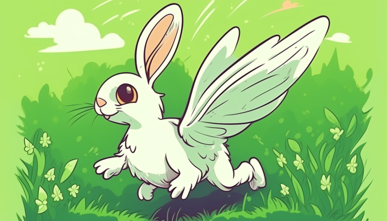 winged rabbit with wings gliding over a green meadow, cartoon art style