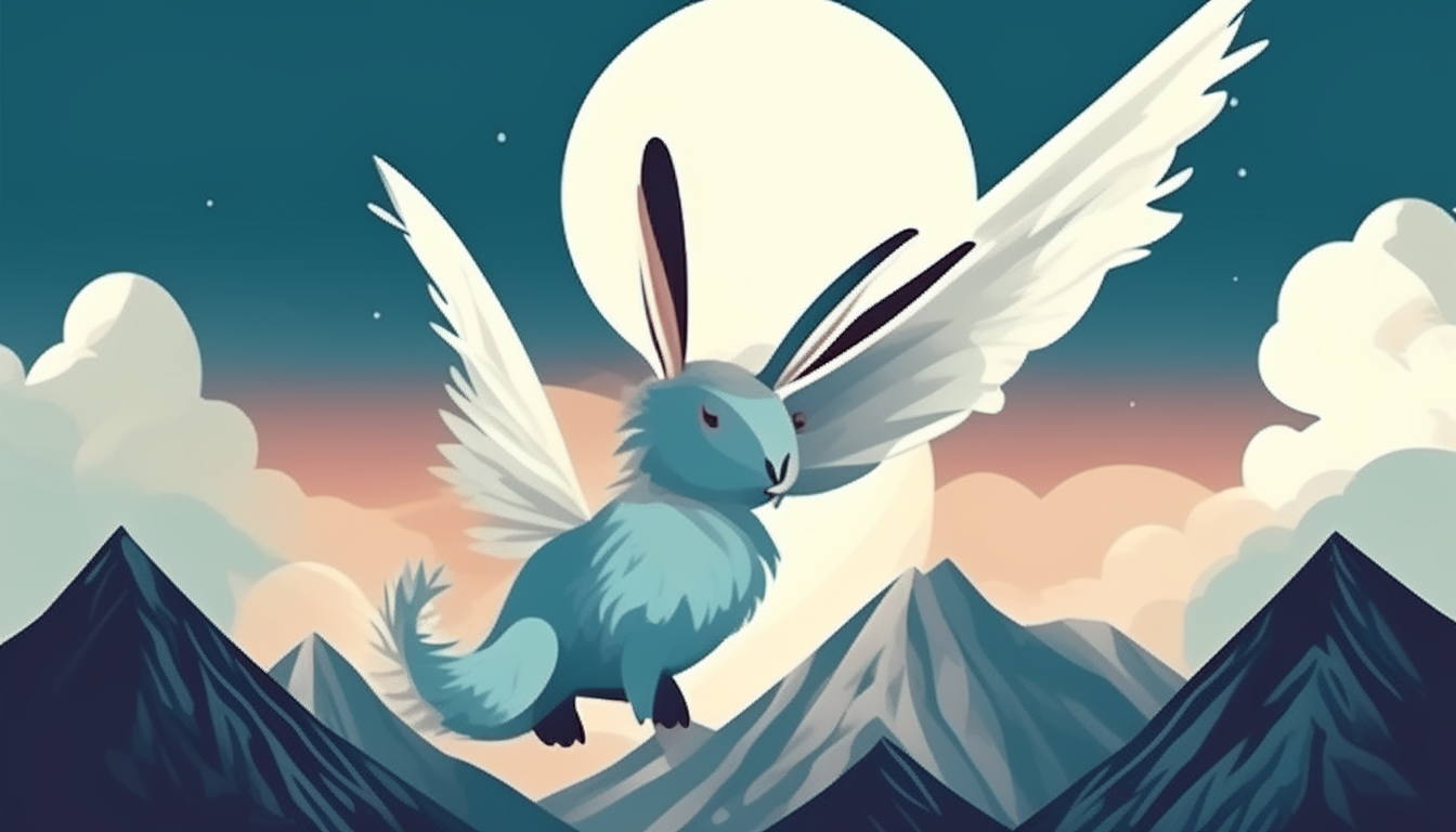 winged rabbit with wings flying past mountains, cartoon art style