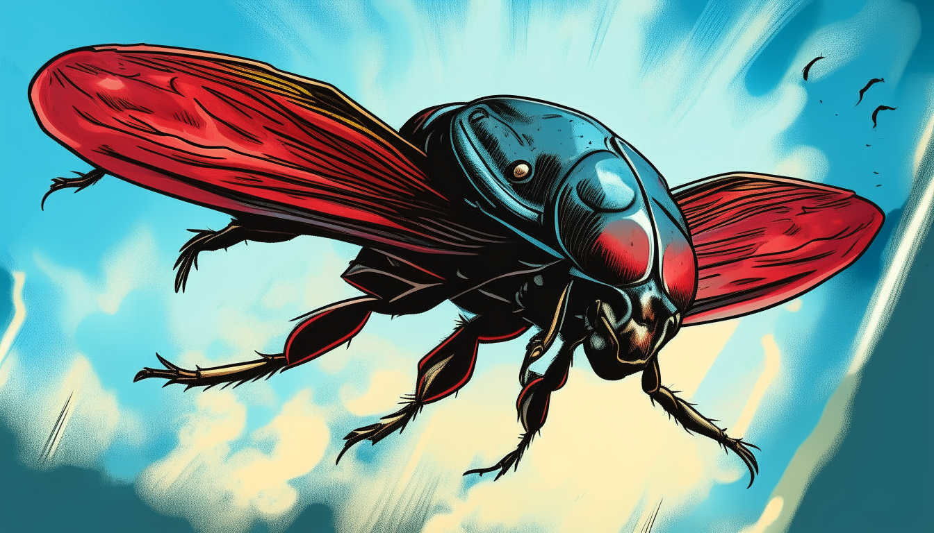 A very large winged beetle with red and black markings flying through a blue sky, cartoon art style