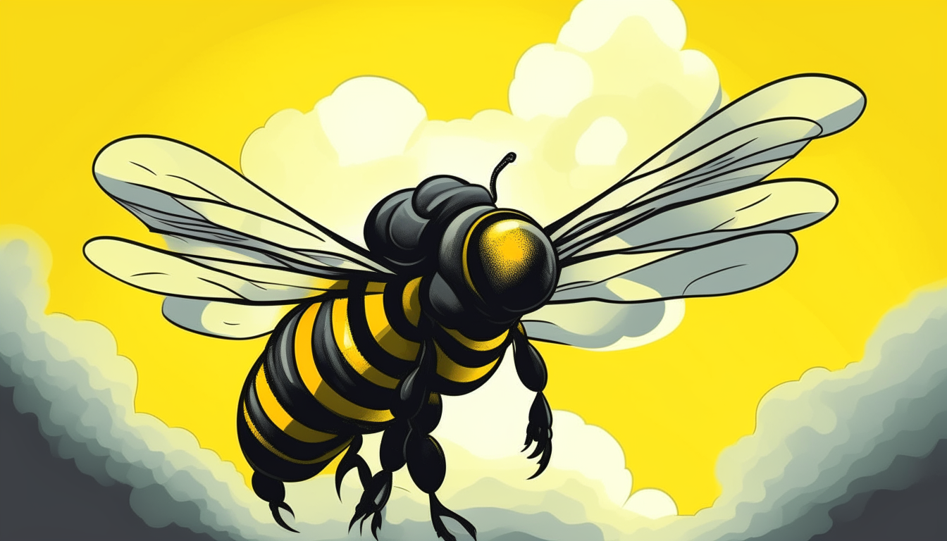 An enormous winged bee with yellow and black stripes flying past clouds, cartoon art style