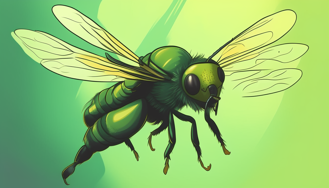 A very large winged bee with green wings gliding through the sky, cartoon art style