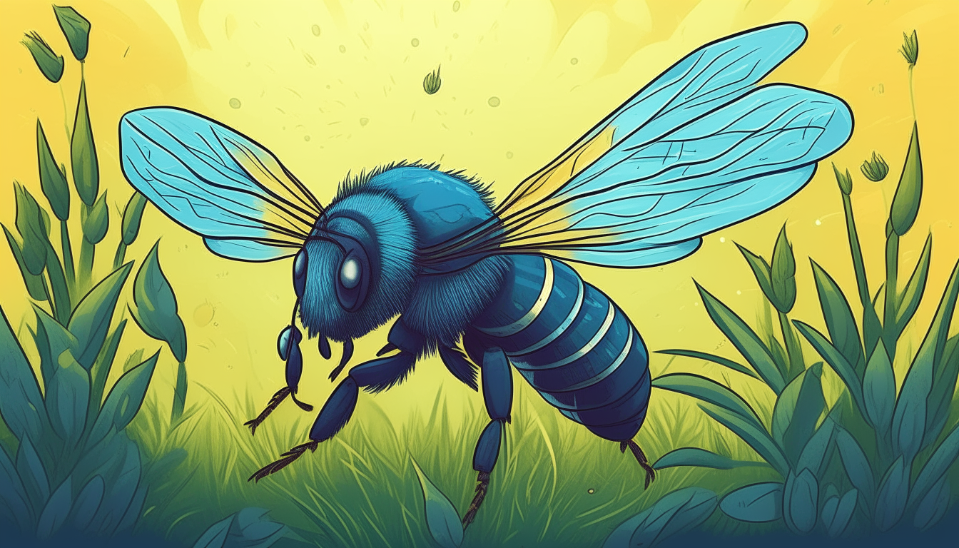 A huge winged bee with blue wings buzzing over a meadow, cartoon art style