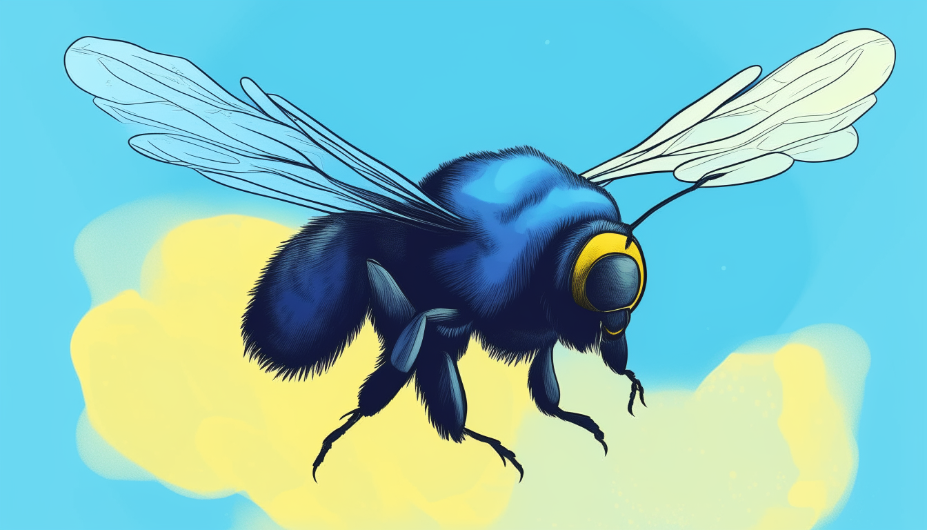 A huge bumblebee with giant blue wings flying through the sky, cartoon art style