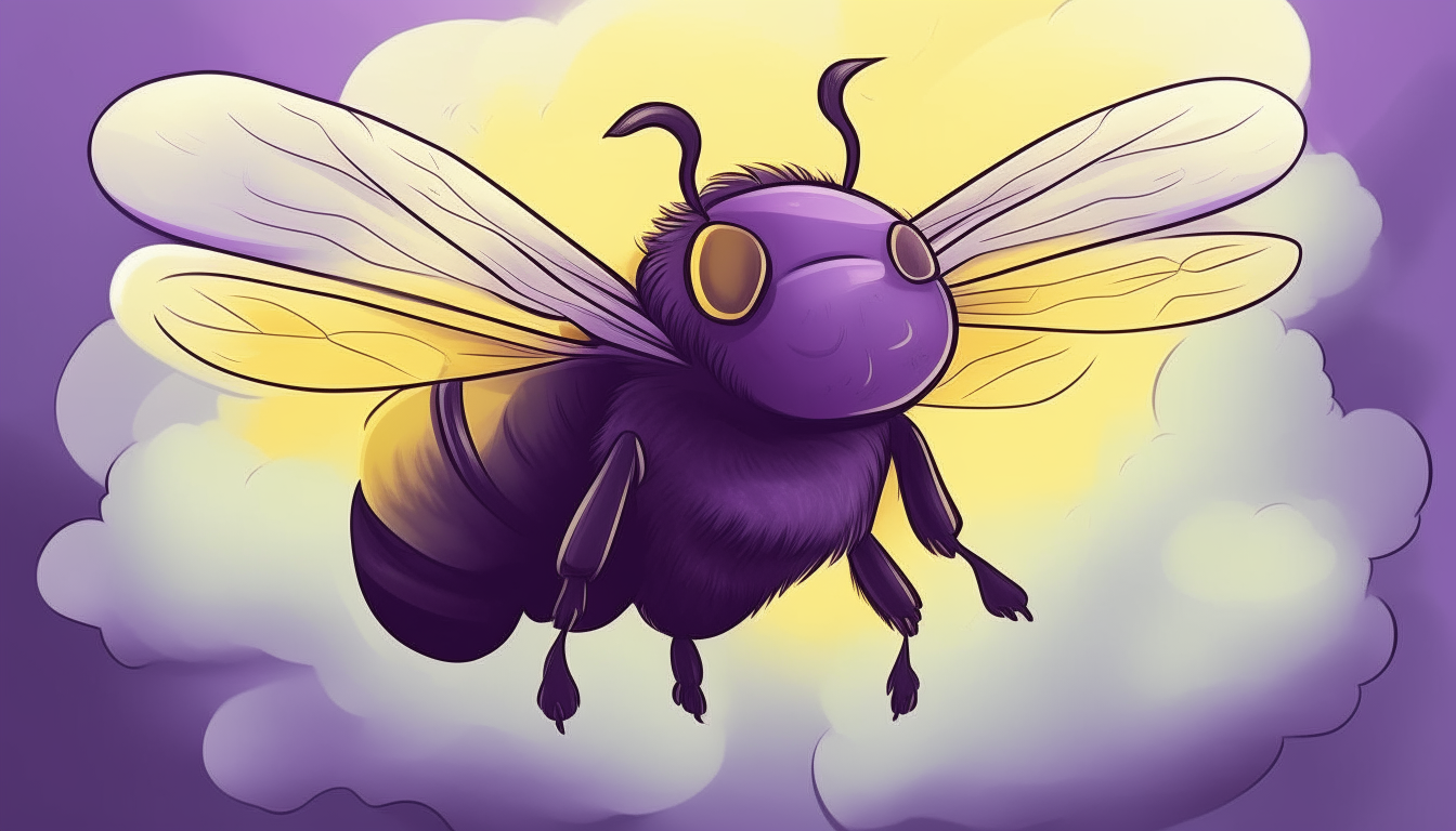 An enormous bee with large purple wings buzzing past clouds, cartoon style