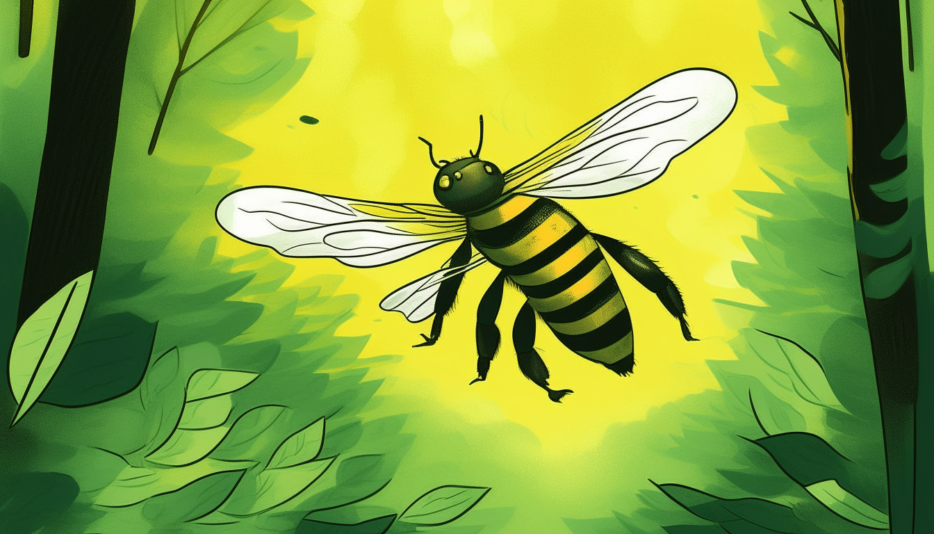 A very big winged bee with green and yellow stripes gliding over trees, cartoon