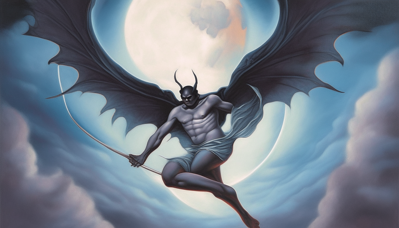 An enormous winged man with bat wings gliding past a full moon, surreal painting