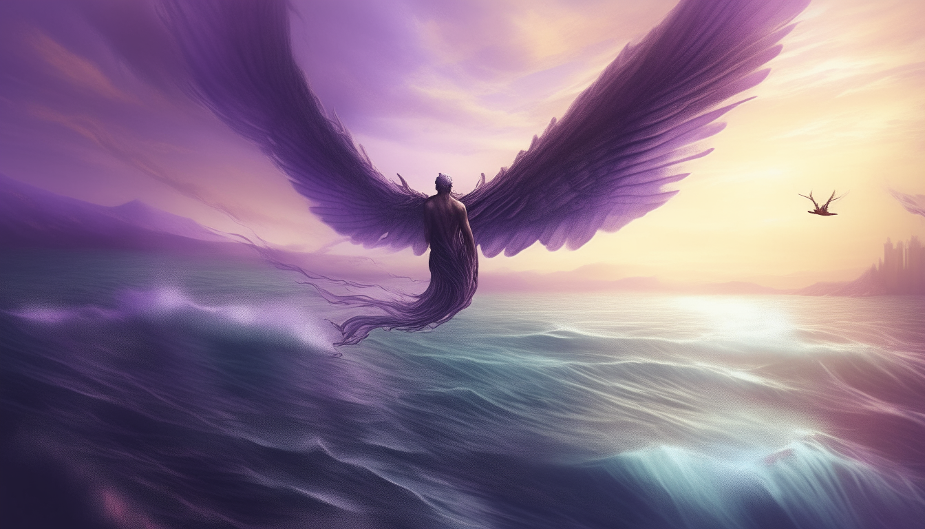 An enormous winged man with insect wings flying over a purple ocean, surreal digital painting