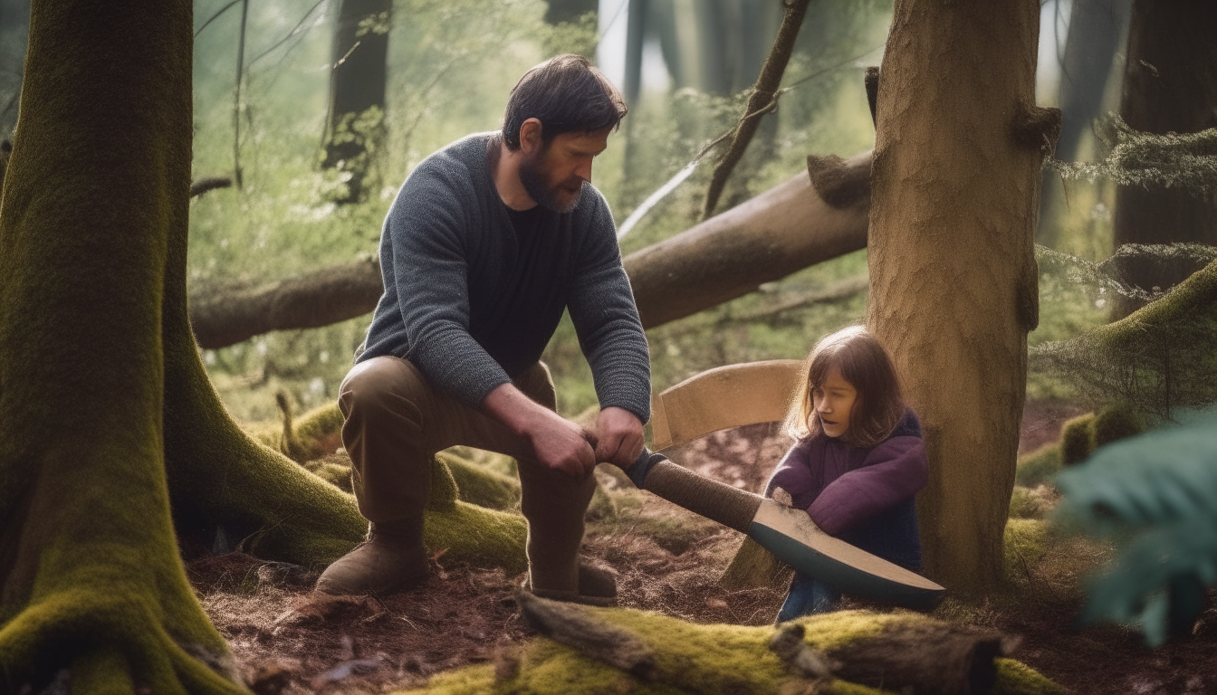A man chopping down trees in a forest with an axe while a young child cries in the background