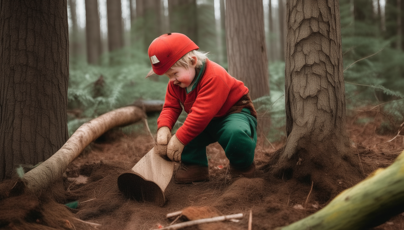 A lumberjack cutting down trees in a wooded area as a toddler sobs nearby