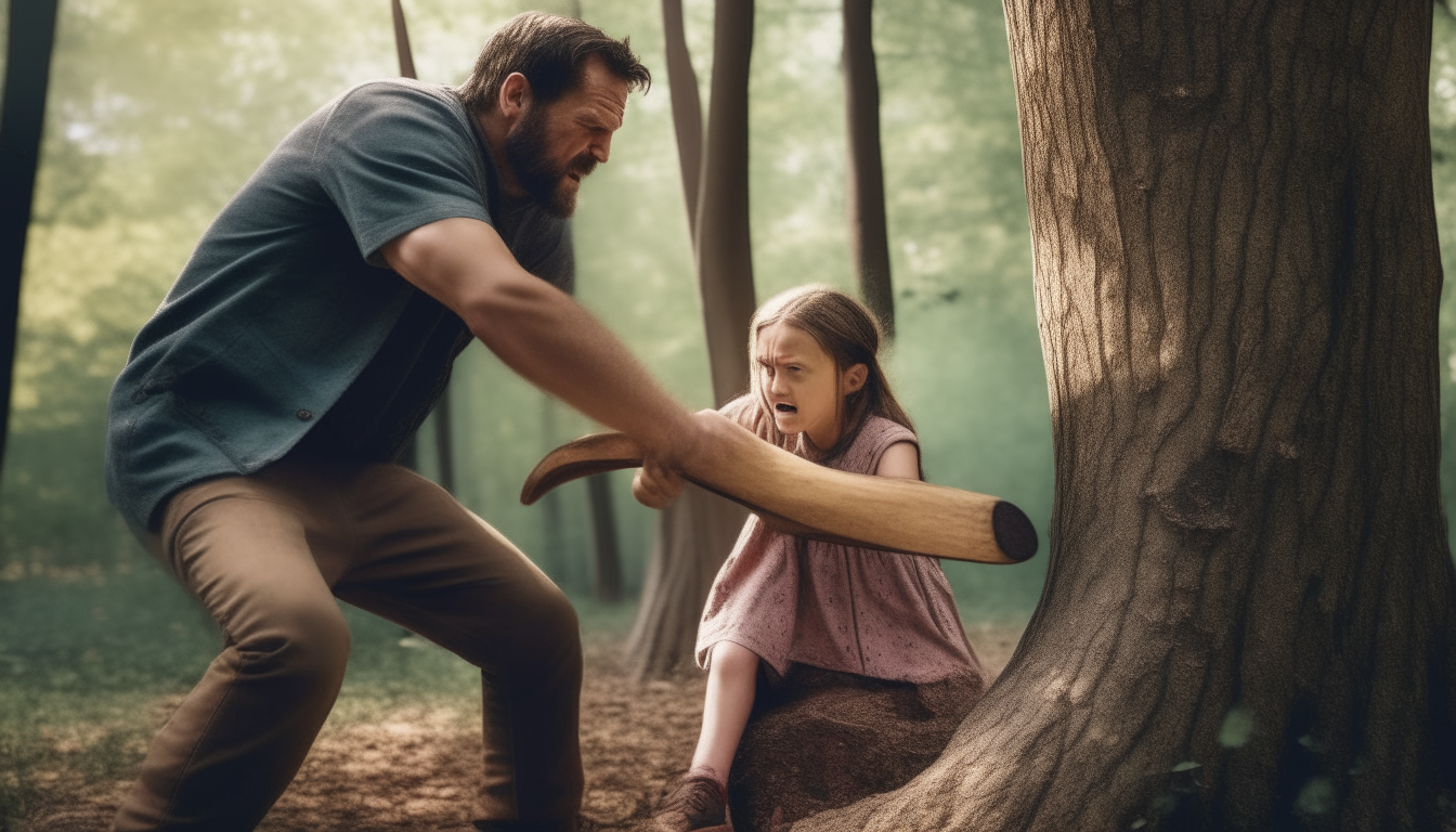A man swinging an axe at a tree trunk as a little girl weeps in the forest behind him