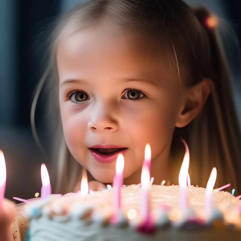 A close-up portrait of a little girl blowing out the candles on her birthday cake. She has a sparkler in her hair and her eyes are shining with joy and excitement.