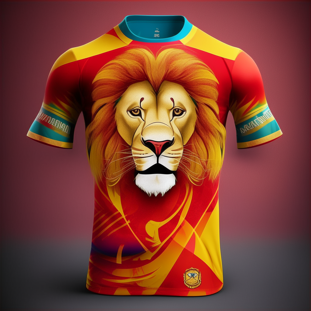 A creative soccer jersey design featuring a lion motif with colors inspired by the Spanish flag