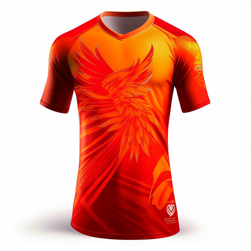 An imaginative soccer jersey design with a phoenix bird pattern across the front and sleeves in fiery orange and red colors