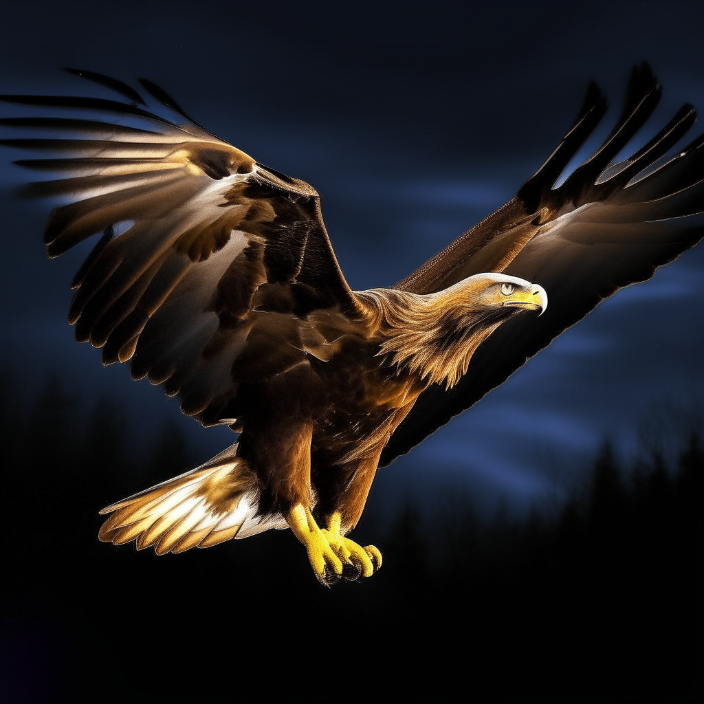 A golden eagle in flight, wings spread wide, talons and beak glowing with white flames against a night sky