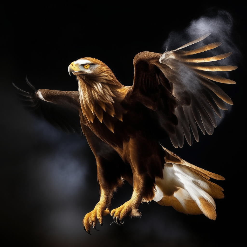 A golden eagle perched proudly with outstretched wings, its talons and open beak wreathed in wisps of white fire on a backdrop of darkness