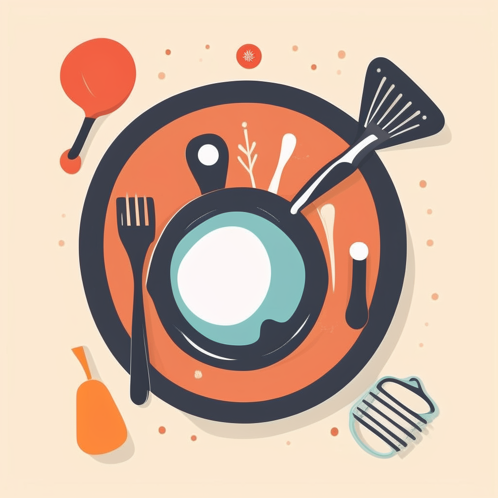 homecook logo with a frying pan, spatula, oven mitt, whisk and mixing bowl arranged in a circle vector art style