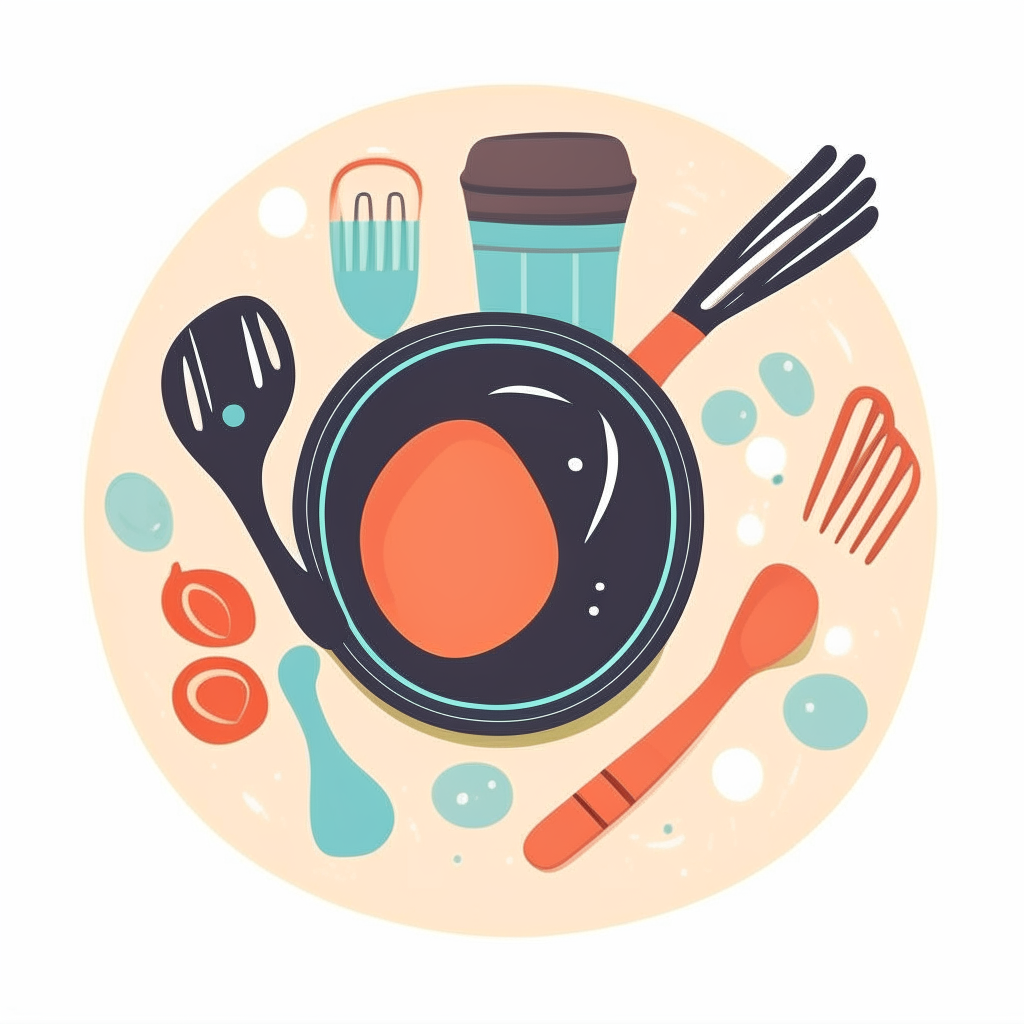 homecook logo with a frying pan, spatula, oven mitt, whisk and mixing bowl arranged in a circle, no background vector art style