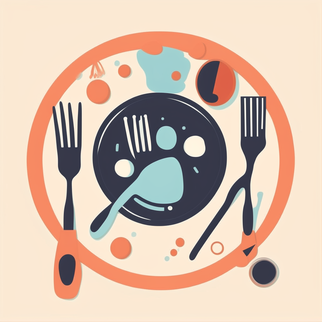 homecook logo with a frying pan, spatula, oven mitt, whisk and mixing bowl arranged in a circle, vector art style