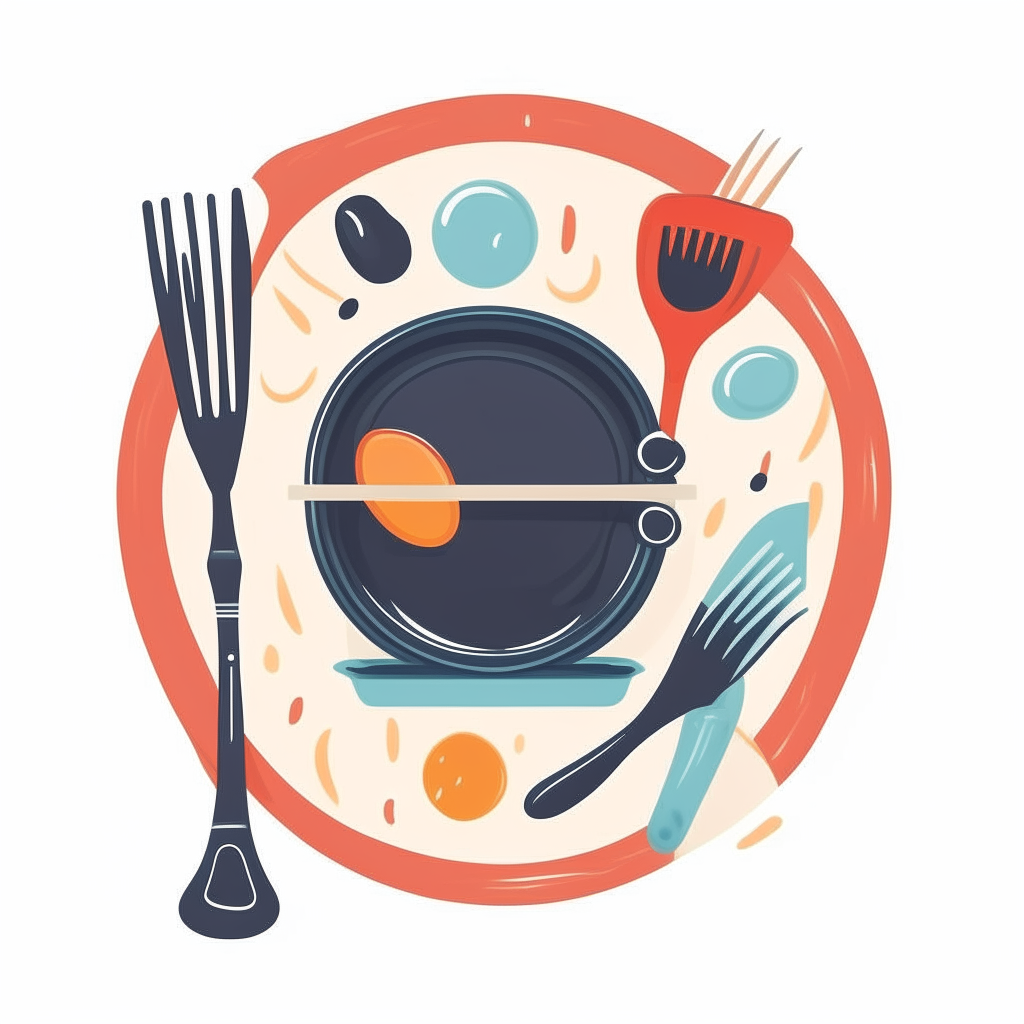 homecook logo with a frying pan, spatula, oven mitt, whisk and mixing bowl arranged in a circle, vector art style, no background
