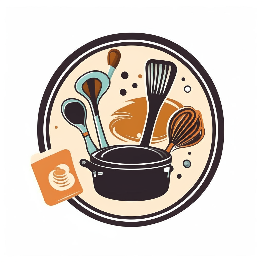 A logo for a cook with a frying pan, spatula, oven mitt, whisk and mixing bowl arranged in a circle, vector art style, no background