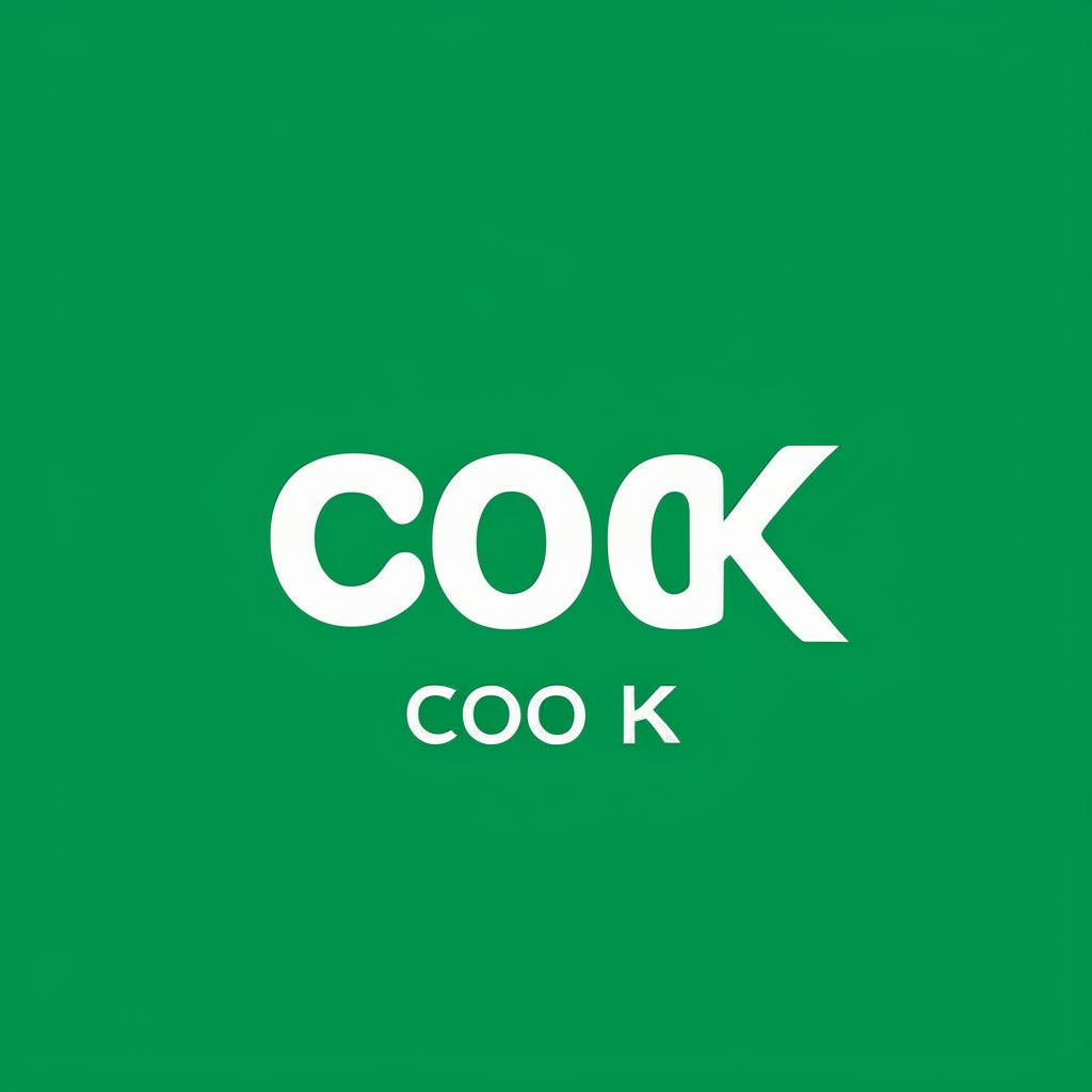 a modern logo with the word cook in a sleek sans-serif font on a green background