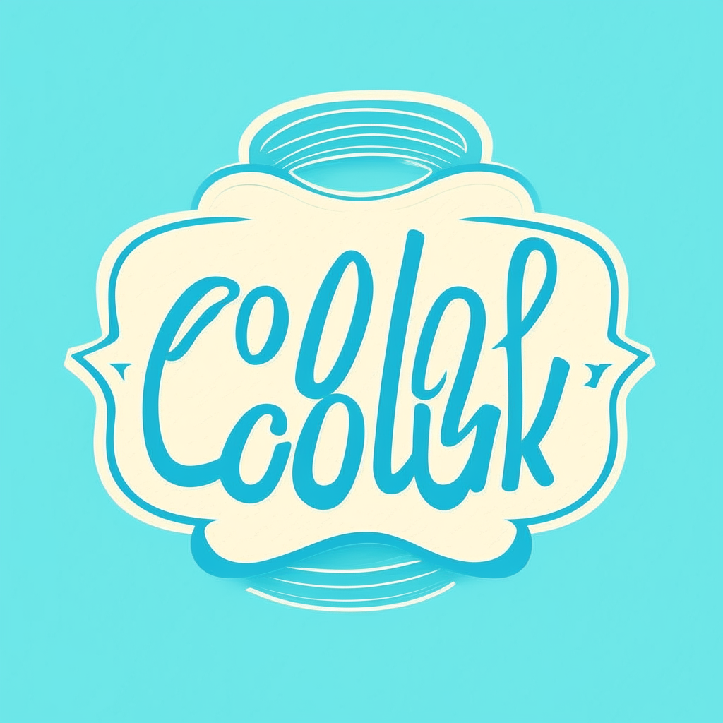 a retro style logo with the word cook in a script font on a light blue background