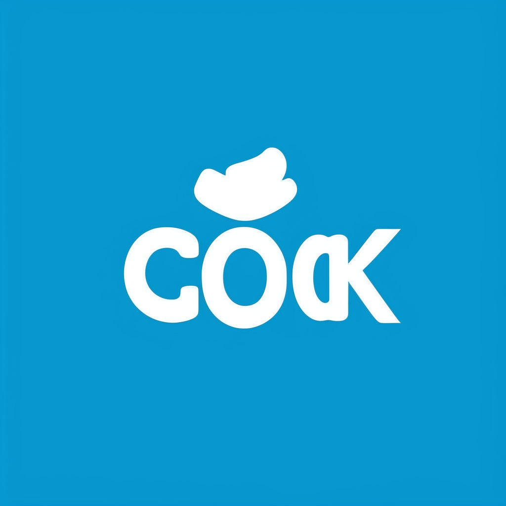 a modern logo with the word cook in a sleek sans-serif font on a blue background