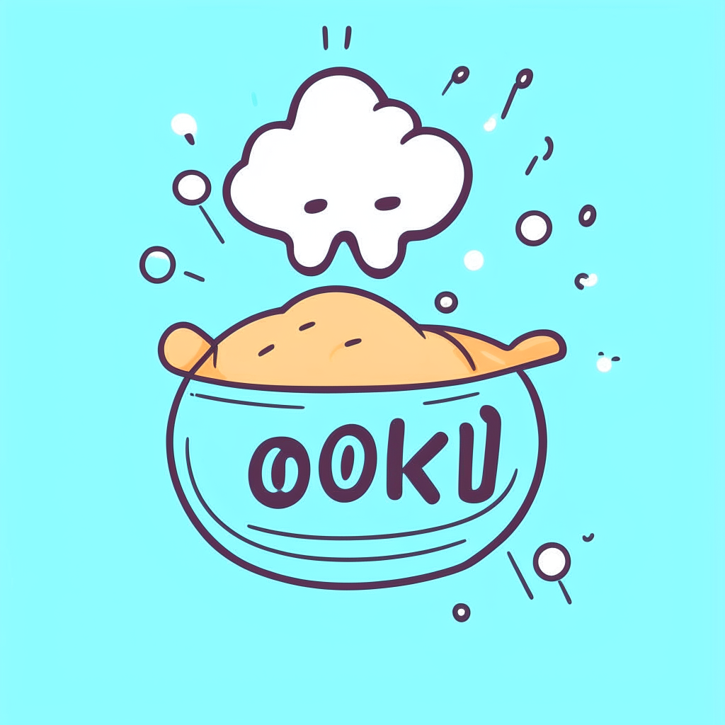 a cartoon logo with the word cooking in a bubbly font on a light blue background