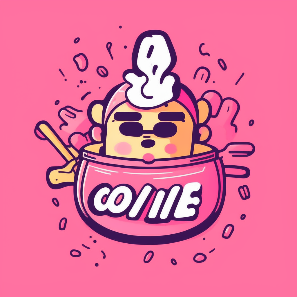 a cartoon logo with the word cooking in a fun font on a pink background