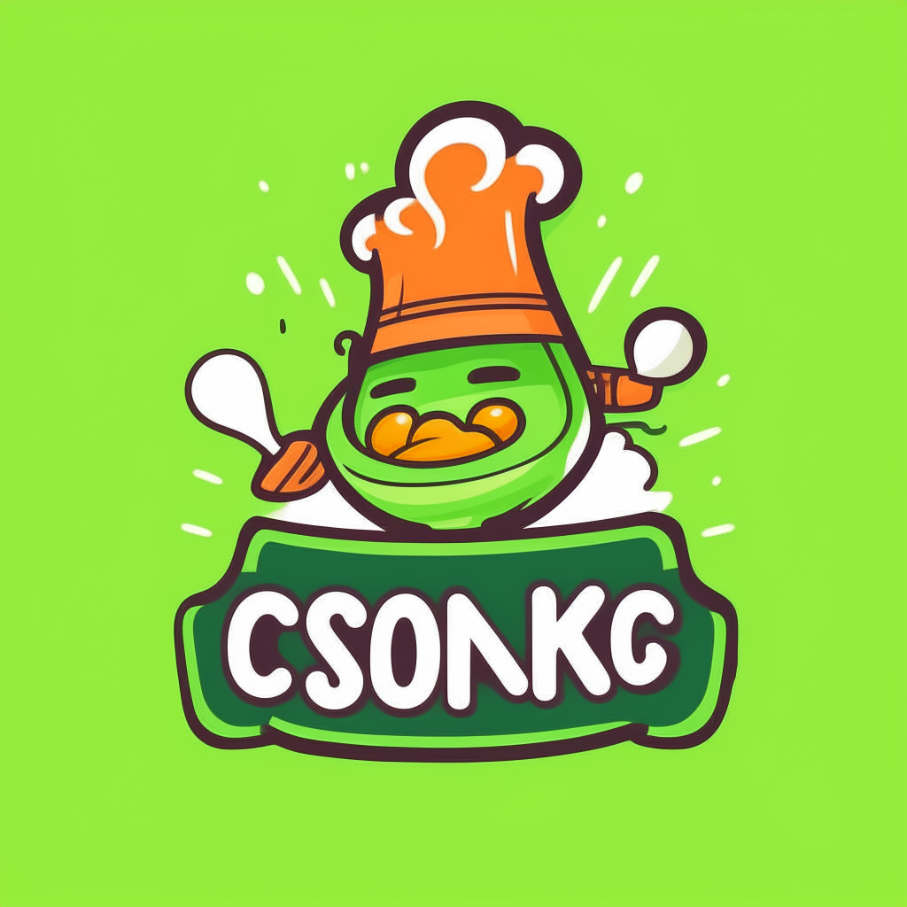 a cartoon logo with the word cooking in a fun font on a green background